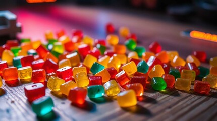Colorful gummy candies scattered on a wooden surface, vibrant lighting, close-up, soft shadows, stock photo style, no background isolation, candy variety and texture clearly visible.