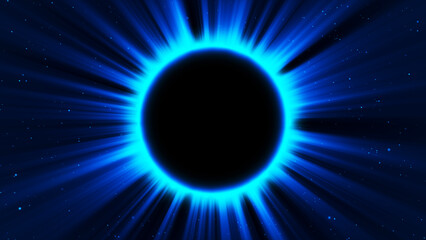 Abstract fantasy background. Amazing scientific natural phenomenon. Total solar eclipse with bright ring effect glowing with rays. Solar corona is visible. 3D rendering.