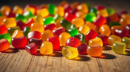 Colorful gummy candies scattered on a wooden surface, vibrant lighting, close-up, soft shadows, stock photo style, no background isolation, candy variety and texture clearly visible.
