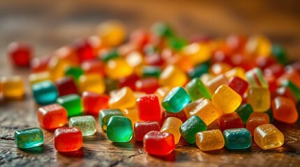 Colorful gummy candies scattered on a wooden surface, vibrant lighting, close-up, soft shadows, stock photo style, no background isolation, candy variety and texture clearly visible.