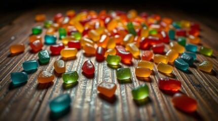 Colorful gummy candies scattered on a wooden surface, vibrant lighting, close-up, soft shadows, stock photo style, no background isolation, candy variety and texture clearly visible.