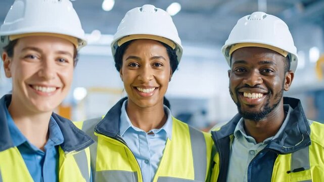Three Diverse Workers Smiling in Factory