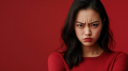 Anger Expression: A portrait capturing a woman's intense expression of anger and frustration, her furrowed brow and pursed lips a testament to her internal turmoil, conveyed against a simple backdrop.