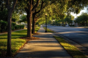 Naklejka premium Sidewalk lined with trees and street lights near a quiet urban corner in warm evening light, A sidewalk near a street corner