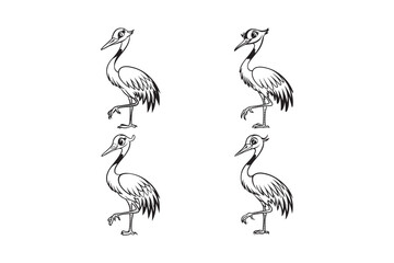 Cartoon Crane Bird Line Art Cute Heron Vector Illustration Set for Coloring Pages and Design