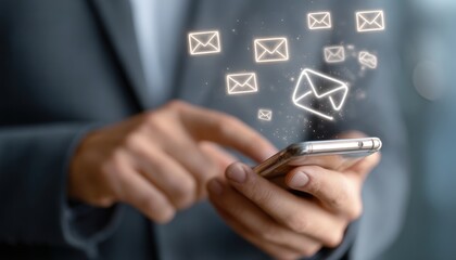 Person using smartphone with floating email icons representing communication and messaging