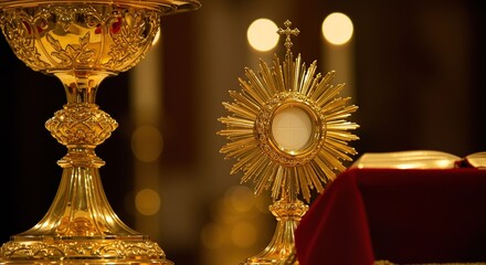 Corpus christi sacred eucharist adoration monstrance and chalice, religious ceremony, divine worship, faith and devotion