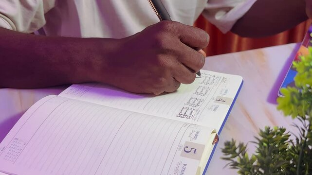tight close of shot of hand writing on paper while researching online