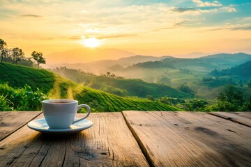 Warm cup of coffee on rustic table with breathtaking view of green hills and sunrise, Cup of coffee on wooden table overlooking green hills at sunrise