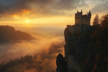 Fototapeta premium Castle perched on a cliff at sunrise with misty valley offering serene beauty, Castle on cliff at sunrise with misty valley, serene background