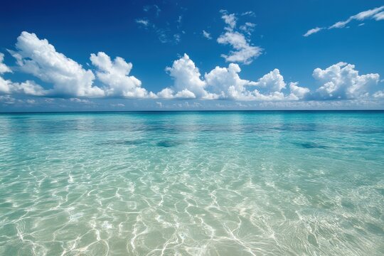Crystal clear turquoise waters under a bright blue sky at a tropical beach, Crystal clear sea water on beach front of tropical ocean coast