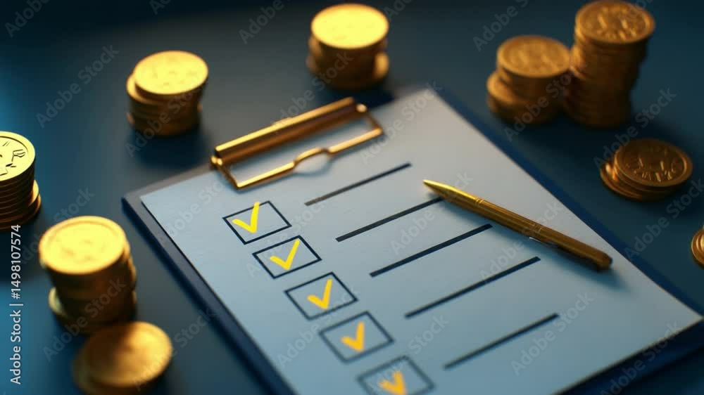 Poster Financial Checklist: A pristine clipboard adorned with a checklist is encircled by glistening stacks of golden coins. This conceptual image encapsulates the essence of fiscal management.