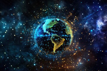 Obraz premium Exploring a digital world interconnected by communication and technology in a vibrant cosmic setting, A digital world linked by communication and technology