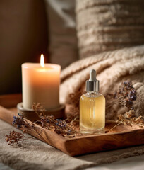 Face serum and burning candle on wooden tray creating relaxing atmosphere