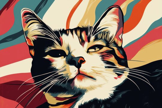 Hip hop style cat poses confidently against a vibrant graphic background, hip hop style cat with a graphic background