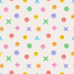 Seamless pattern of basic Geometric Figures with face emotions. Set of different shapes square, circle, rectangle, flower, star etc. Funny characters background. Cute vector illustration for kids	
