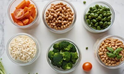Overhead view of assorted healthy foods in glass containers on white background promoting nutrition