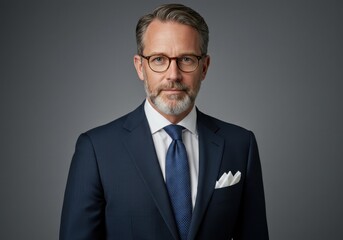 Portrait of a Confident Mature Businessman in a Navy Suit