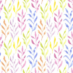 Watercolor twig seamless pattern. Green, pink, lilac, blue, orange yellow leaves. Beautiful gentle clipart. Hand drawn illustration on white background. Element for wedding invitation, save the date
