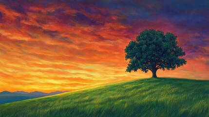 Fototapeta premium Solitary tree on a hilltop at sunset