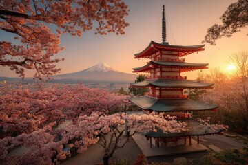 Fototapeta premium Traditional Japanese five-story pagoda amidst blooming cherry blossom trees with Mount Fuji in the background at sunset