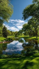 Scenic park with a calm water pond surrounded by lush green trees and bright blue sky