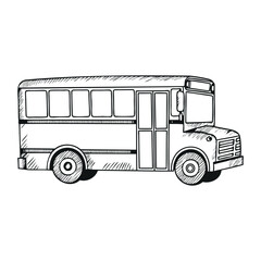 School bus in black and white vintage engraved style