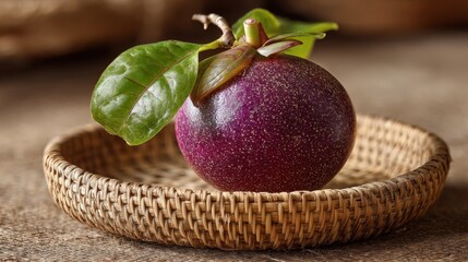 Whole passion fruit resting on a woven palm leaf plate on a wooden table