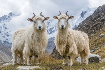 Obraz premium Himalayan Pashmina wool goats grazing in highland pasture among snow capped mountains, Himalayan Pashmina wool goats on highland pasture