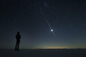 Fototapeta premium Captivating image of a person silhouetted against a stunning night sky filled with stars and a bright meteor over a snowy landscape