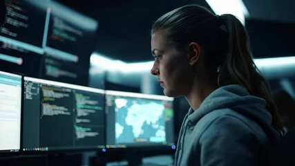 Female programmer in hoodie focused on multiple screens with code and global map data in dark tech environment. It specialist monitoring cybersecurity system with complex digital interface. Software - Powered by Adobe