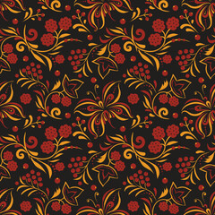 Russian old style ornament Hohloma in gold and red colors seamless pattern. Vector Floral slavic traditional decoration motive. For cards, fabric, textiles, clothing, packaging.
