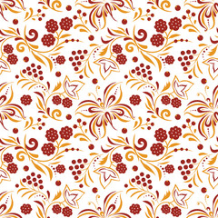 Russian old style ornament Hohloma in gold and red colors seamless pattern. Vector Floral slavic traditional decoration motive. For cards, fabric, textiles, clothing, packaging.