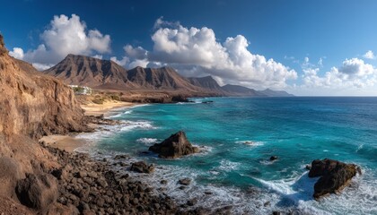 Fototapeta premium Scenic coastal landscape with rocky cliffs, turquoise ocean, and distant mountains under a partly cloudy sky
