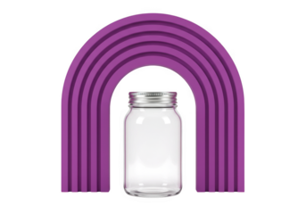 Clear glass jar with silver lid and purple archway photography on transparent background