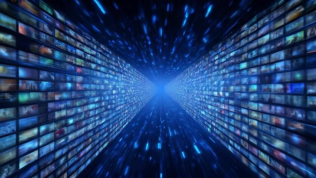 Digital multimedia tunnel with countless screens along walls converging toward bright blue center point. Immersive videowall perspective with television content flow. Futuristic media acceleration