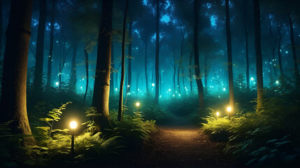 Mystical magical enchanted forest at night with glowing lights. AI generative