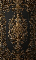 Intricate black and gold damask, luxurious VIP invitation backdrop, detail, antique