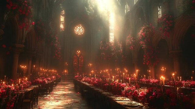 Enchanted banquet hall adorned with roses and candles, illuminated by ethereal light