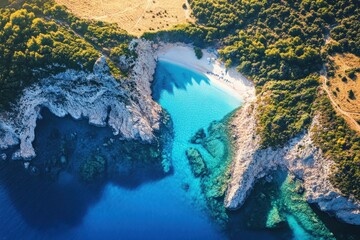 Spectacular aerial view of Greece showcasing a serene beach and vibrant blue waters, Aerial view of beautiful Greece landscape
