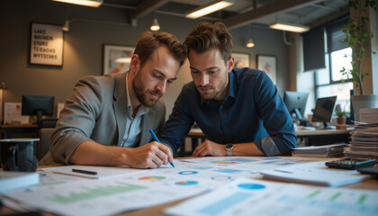 Fototapeta premium Two focused professionals collaborating over documents and charts in a modern office.