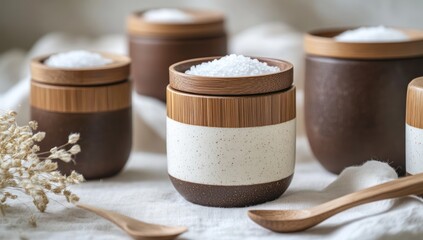 Ceramic and bamboo salt containers, light-colored speckled ceramic bases, dark brown ceramic rims, light-colored wooden lids, filled with white salt,  on 