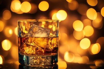 Whiskey glass with ice illuminated by warm bokeh lights at a cozy evening setting, Glass of whiskey with ice on bokeh light background, suggesting warm, festive atmosphere
