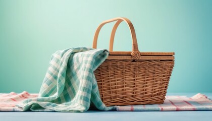 Woven wicker picnic baskets, one empty and isolated on blue, the other brown and rustic on a wooden table