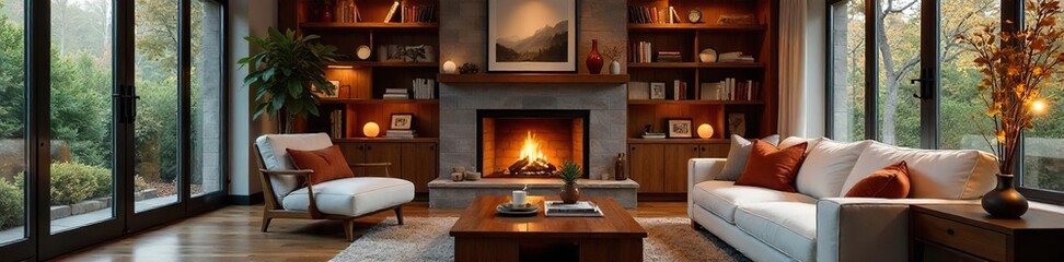 Fototapeta premium Cozy family room interior with comfortable seating, warm lighting, and inviting decor Perfect for relaxation and quality time Features fireplace, bookshelves, and large windows , residential, windows
