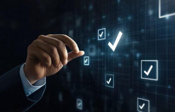 A hand interacts with a digital display showing checkmarks