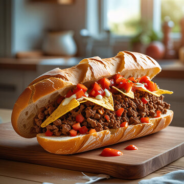 A fresh, crusty baguette sliced open and generously filled with spicy salsa, crunchy tortilla chips, seasoned ground beef, and a drizzle of creamy sauce. 