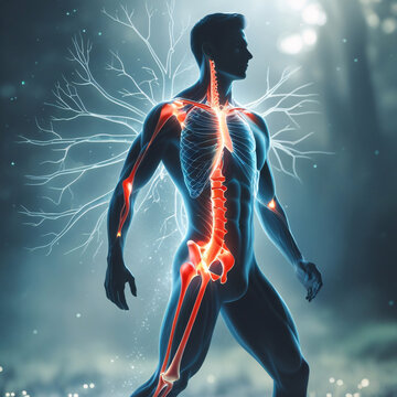 A human silhouette in motion, merging with abstract anatomy diagrams &mdash; muscles, joints, neural pathways &mdash; subtly glowing under the skin, surrounded by soft light in a natural or cosmic background.