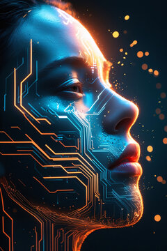 A vertical cinematic close-up of a human face gradually dissolving into glowing circuit lines, the skin transforming into digital pathways under dramatic side lighting.