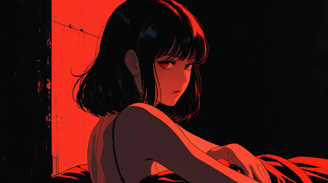 Create an intense, evocative portrait in the Japanese retro anime style of the 80s and 90s. The scene features a feale bathed in deep dark light.